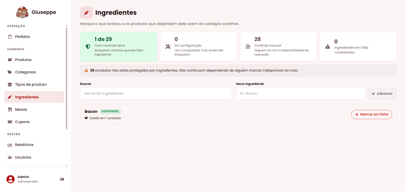 Tela de ingredientes do MenuFasts, com controle ativo e produto dependente bloqueado